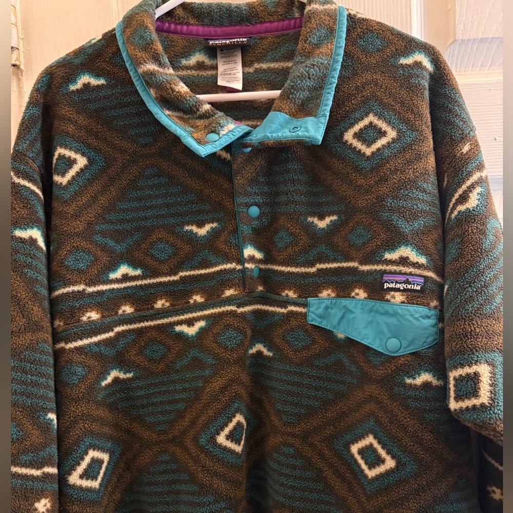 Patagonia Brown Teal Aztec Fleece Crewneck Pullover - Picture 3 of 6